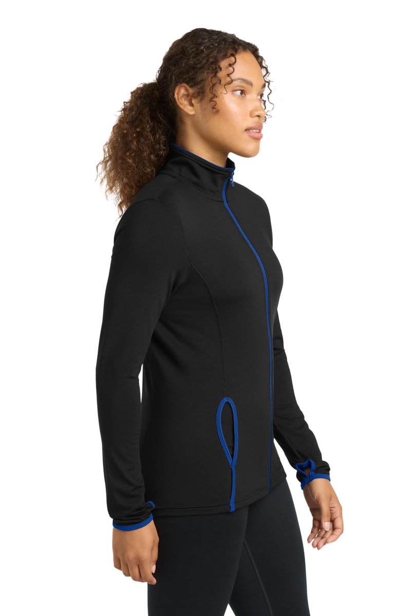 SPORT-TEK Women's Sport-Wick Stretch Contrast Full Zip Jacket | Zip Up Jacket for Women, Lightweight Sweatshirt for Everyday, Black/True Royal, Large