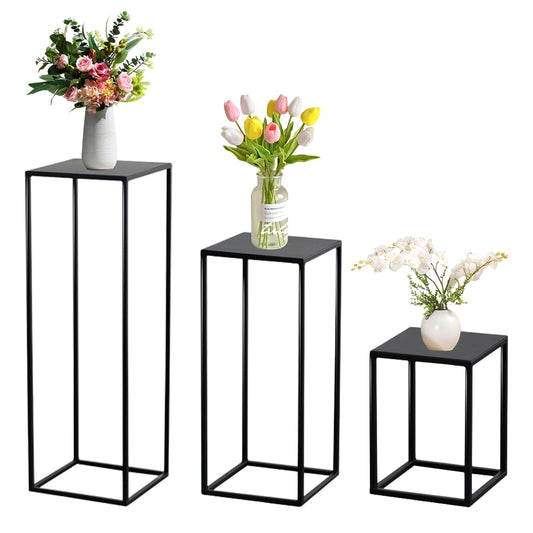 Hyuetrsa 3 Pcs Black Vase for Wedding Centrepieces Metal Flower Stand Geometric Display Table Column Rack Wedding Flower Stand Tall 15.7/23.6/31.5in for Home Birthday Party Decorations