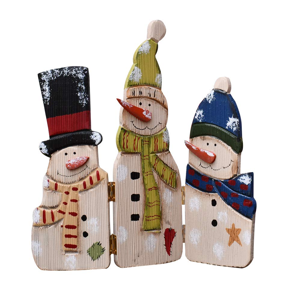 E-view Christmas Decorations Wood Snowman Sign Holiday Xmas Home Decor Wooden Folding Triple Snowmen Screen Rustic Decorative Ornaments for Table Top Fireplace (Snowman)