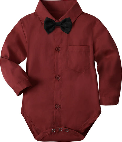 A&J DESIGN Wine Red Baby Boy Dress Shirt Infant Formal Christmas Wedding Romper Gentleman Long Sleeve One Piece Bodysuit with Bowtie 6-9 Months Burgundy