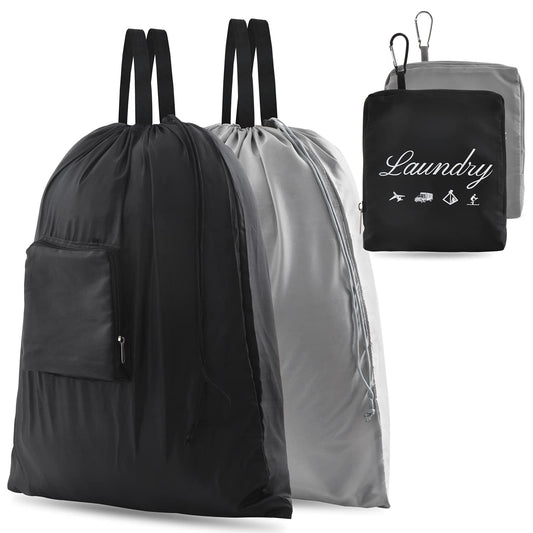 2 Pcs JHX Travel Laundry Bags, Dirty Clothes Organizer【Upgraded】with Handles and Aluminum Carabiner for Travel, Camp, Fitness, and Students (Black&Grey) 24"L x 21"W