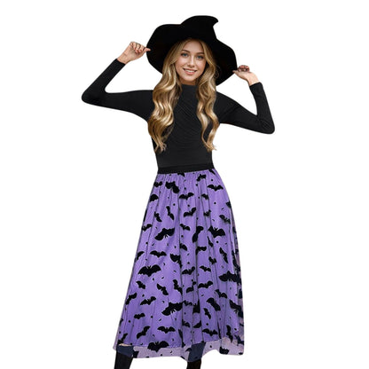 CHICWISH Women's Purple Tulle Tutu Skirt Velvet Bats Elastic Waist Halloween Party Layered Mesh Midi Skirt Halloween Costumes