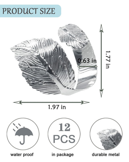 SEEBRIDER Napkin Rings Set of 12, Napkin Rings Silver Leaf Metal for Table Setting Wedding Birthday Anniversary Easter Christmas Halloween Thanksgiving Party Fall