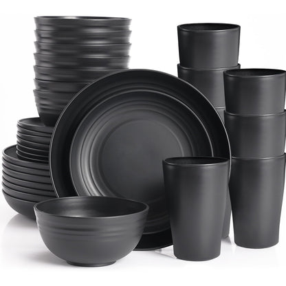 Black Plates and Bowls Sets for 8,Wheat Straw Dinnerware Sets Black Plastic Reusable Dishwasher Safe for Kitchen Halloween Camping,32 Pcs Lightweight Unbreakable Plastic Dishes Set Outdoor