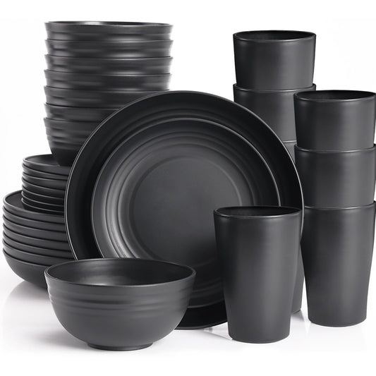 Black Plates and Bowls Sets for 8,Wheat Straw Dinnerware Sets Black Plastic Reusable Dishwasher Safe for Kitchen Halloween Camping,32 Pcs Lightweight Unbreakable Plastic Dishes Set Outdoor