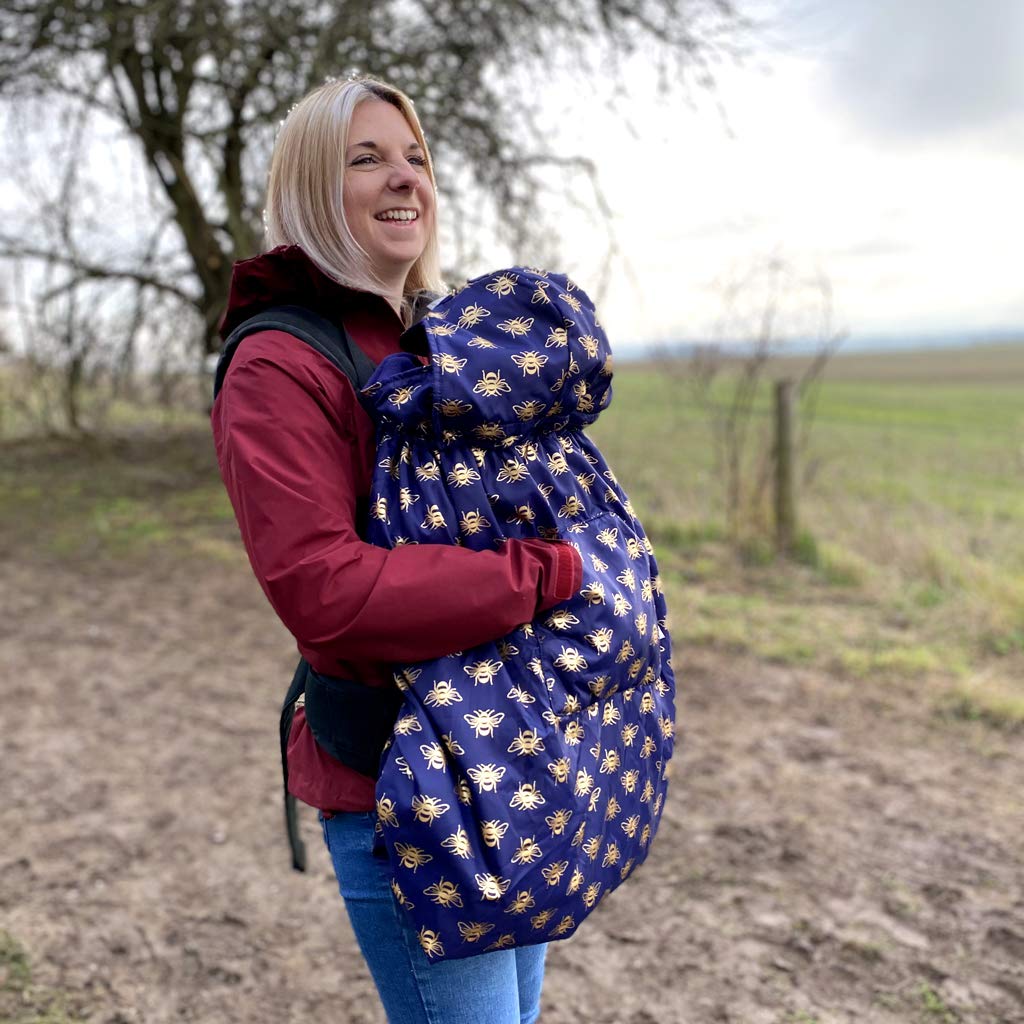 BundleBean - Babywearing All-Weather Waterproof Sling and Baby Carrier Cover (Gold Bees) - Rain Cover with Fleece Lining, Universal Fit, Fits Front & Back Carriers, Protection from Rain & Wind