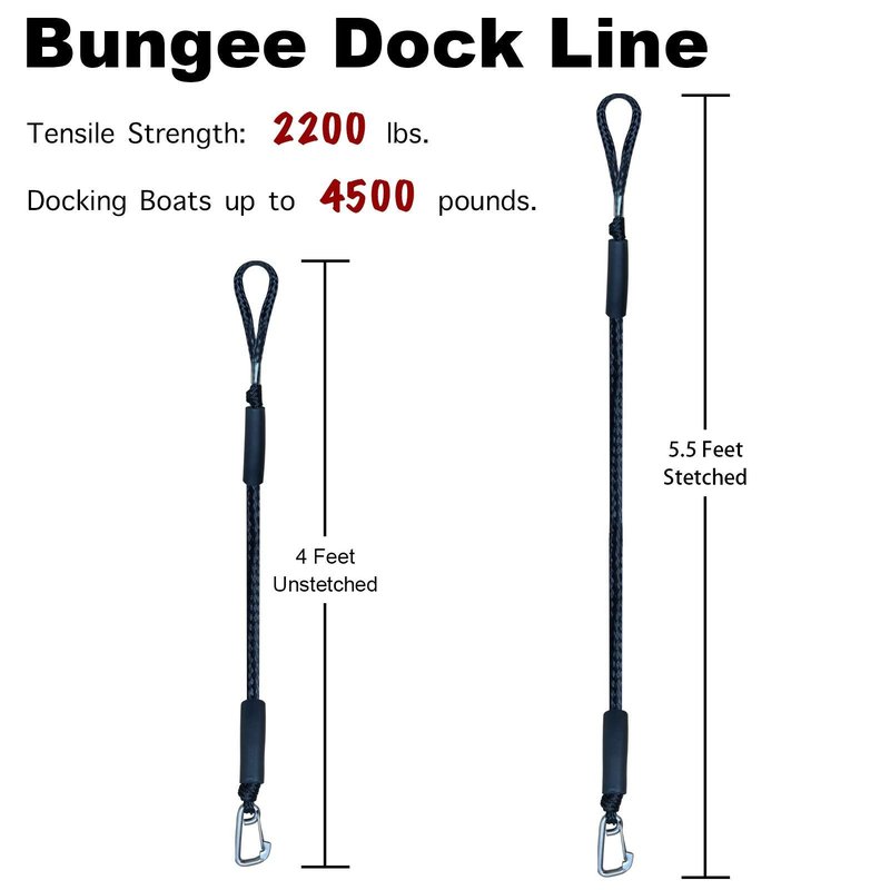 4 Feet Bungee Dock Line Mooring Rope 2-Pack for Docking with Stainless Steel Clip Accessories for Boats PWC, Built in Snubber, Kayak, Watercraft,SeaDoo,Jet Ski, Pontoon, Canoe, Power Boat