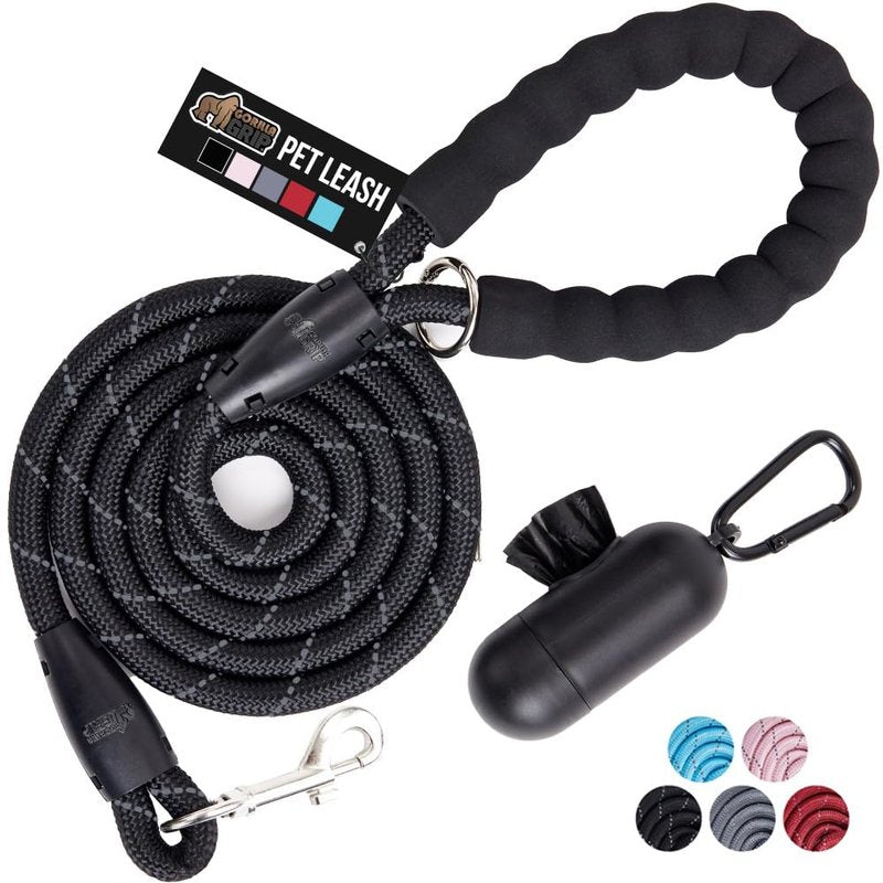 GORILLA GRIP Dog Leash, Heavy Duty Reflective Rope Leashes for 33lb Dogs, Cats, Small Animals, Puppy Training Essential for Walks, Hikes, Soft Handle, Rotating Metal Clip, Waste Bag Dispenser, Black
