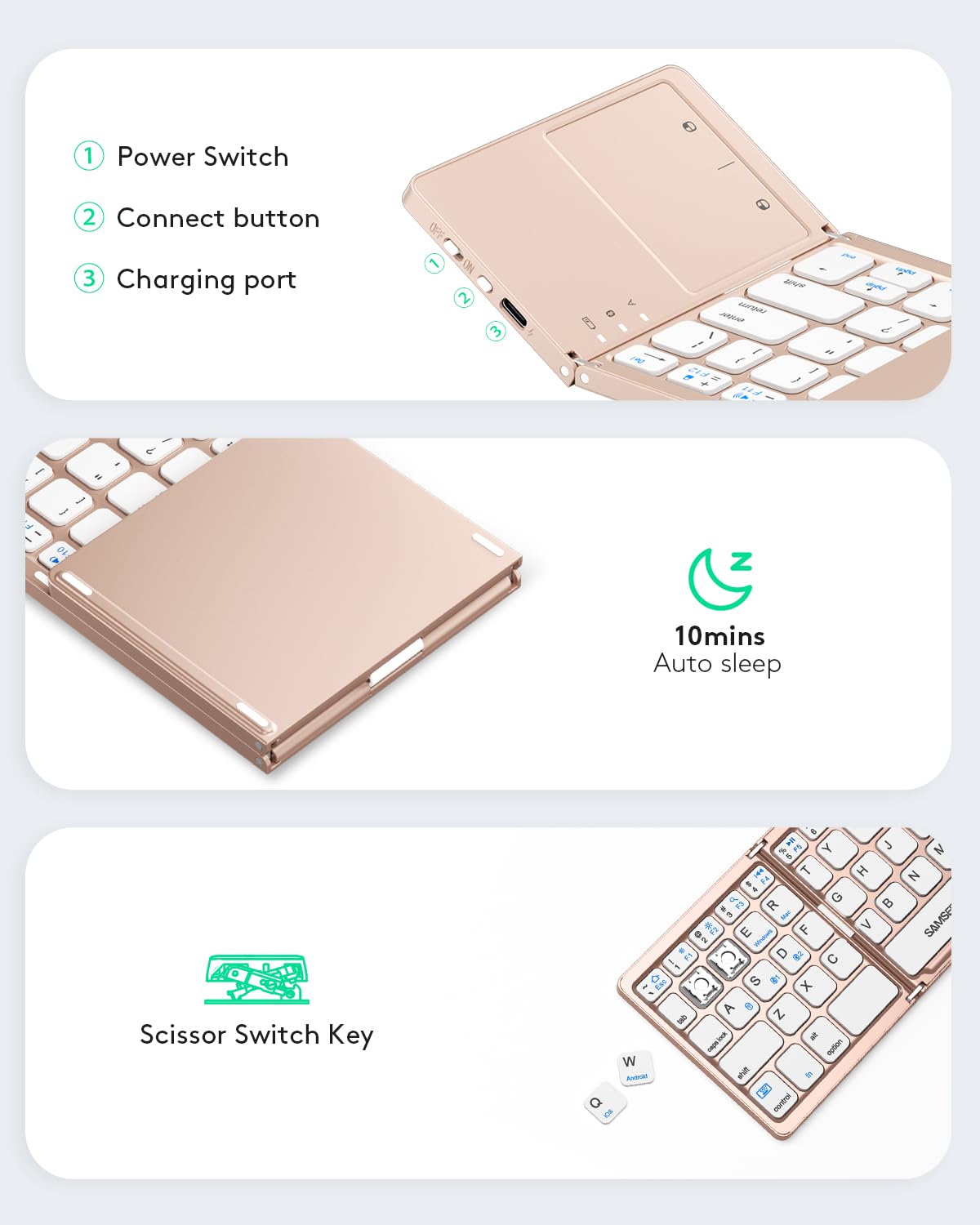 Samsers Foldable Bluetooth Keyboard with Touchpad - Portable Wireless Keyboard with Holder, Rechargeable Full Size Ultra Slim Pocket Folding Keyboards for Android Windows iOS Tablet & Laptop - Black