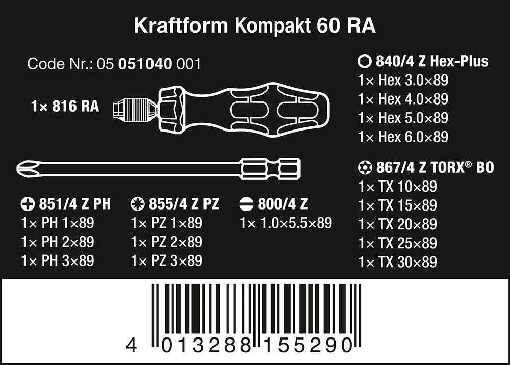 Wera Kraftform Kompakt 60 Ratchet screwdriver & Bit Set, 17pc, 05051040001
