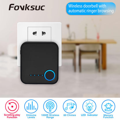 Wireless Doorbell, Waterproof Door Bell with 60 Chimes, 5 Levels Volume and LED Flash, 1000ft Long Range Classroom Doorbell for Home Office Hospital (2 Receiver & 1 Button, Black)