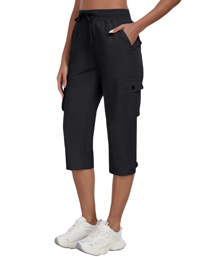 MoFiz Women's Cargo Capris Hiking Pants Lightweight Quick Dry Summer Outdoor Casual Travel Pants with Pockets Black 2XL