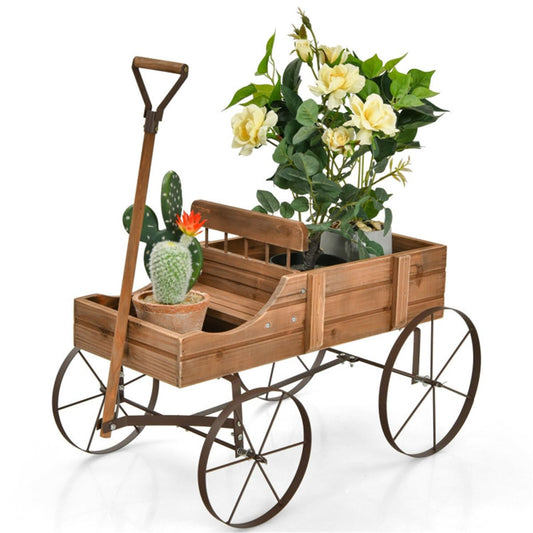 DESIGNSCAPE3D Wooden Wagon Planter Cart – Rustic Raised Garden Bed with Wheels & Handle for Outdoor Patio, Yard, Backyard, Brown Fir Wood Flower Box