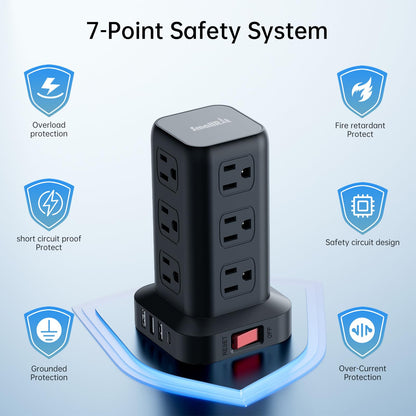 Extension Cord with Multiple Outlets, Surge Protector Power Strip Tower, 12 AC 4 USB，Surge Protector Tower 6.5FT Overload Protection for Home Office