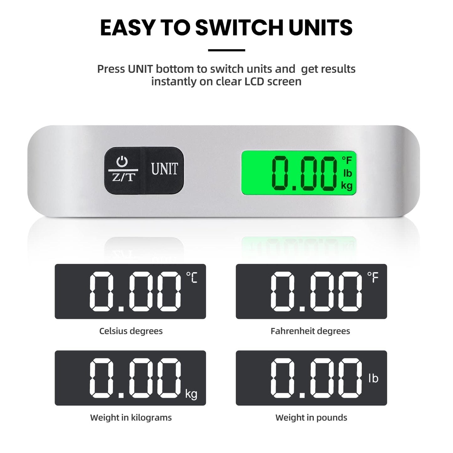 BAGAIL Digital Luggage Scale, 110lbs Hanging Baggage Scale with Backlit LCD Display,Portable Suitcase Weighing Scale,Travel Luggage Weight Scale with Hook,Strong Straps for Travelers(Ash Silver/Temp