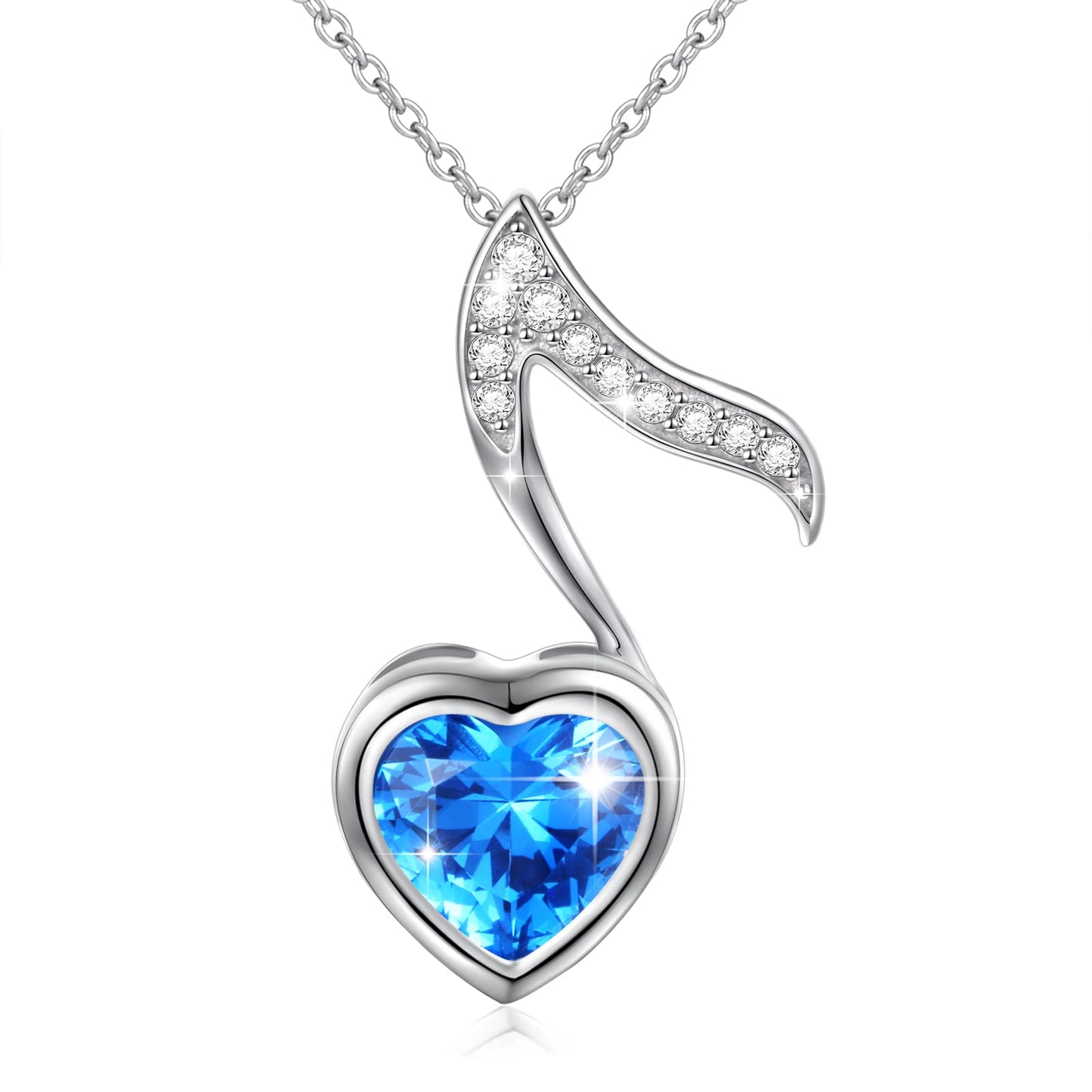 DAOCHONG Musical Jewelry 925 Sterling Silver Blue Cubic Zirconia Quaver Music Note Heart Pendant Necklace for Women Music Lover Gifts