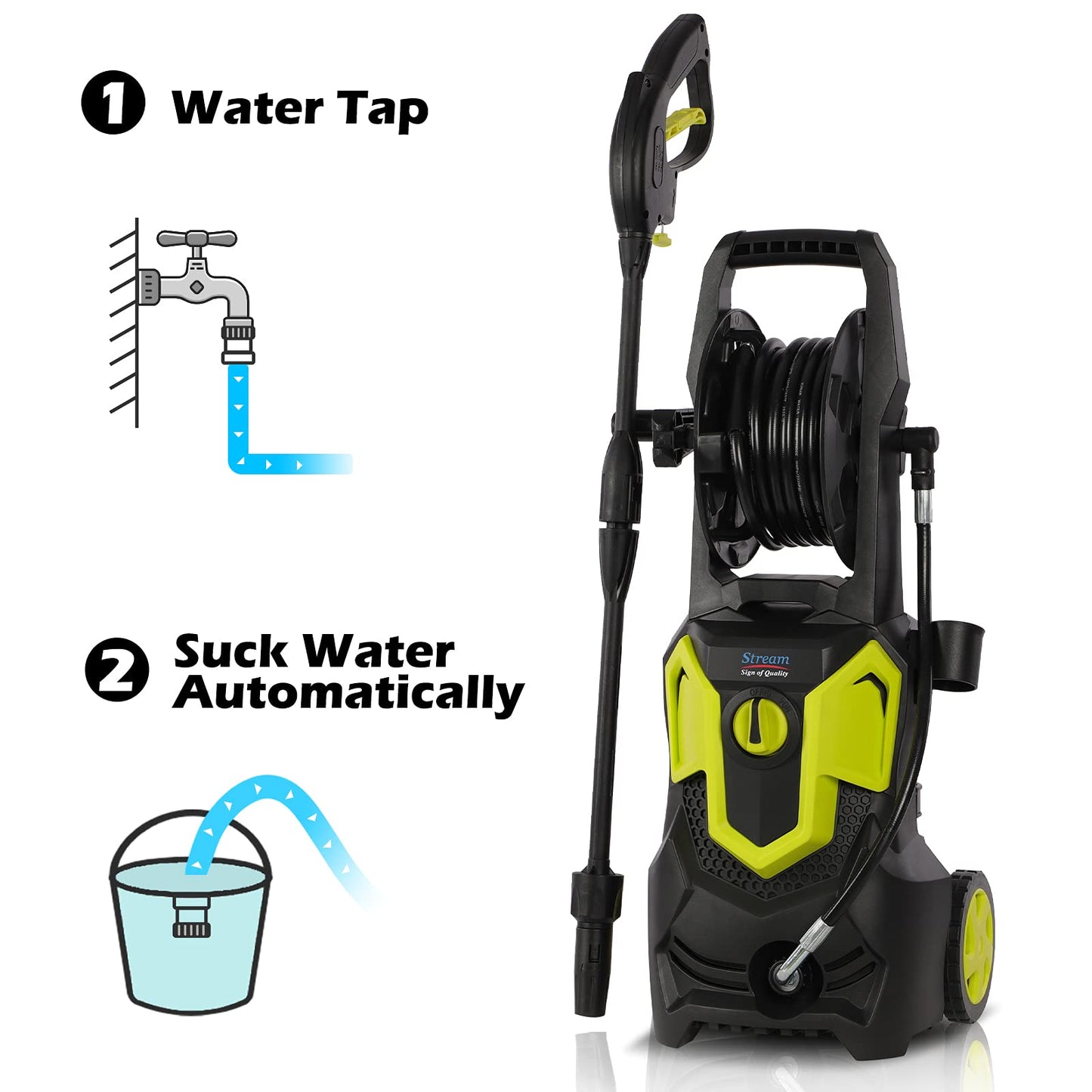 Stream Pressure Washer, 1650W 135Bar 420L/H Portable Pressure Washer Jet Washer with Patio Cleaner, Power Pressure Washers with Snow Foam Water Tank Adjustable Nozzle for patio and Car