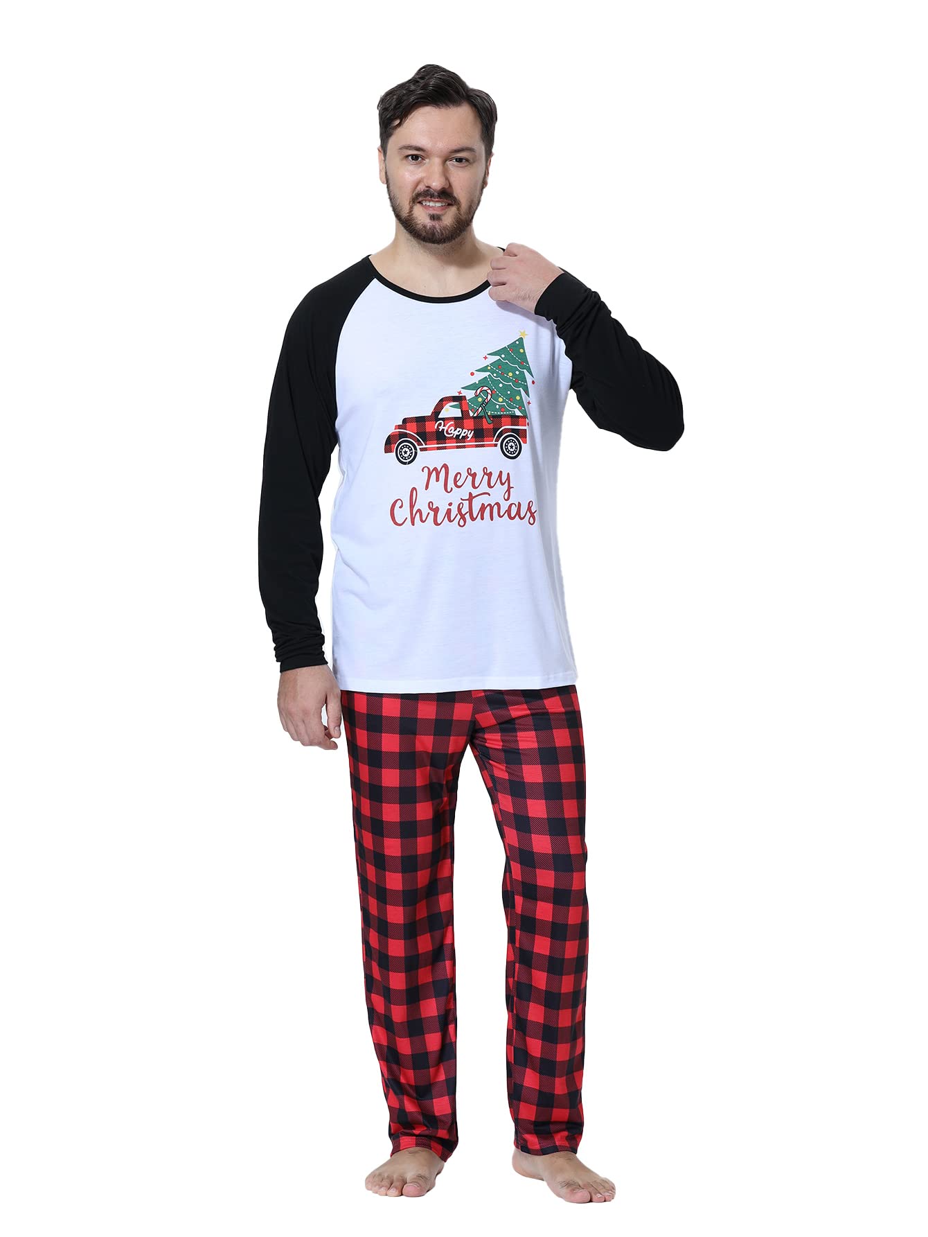 YIJIU Matching Family Pajamas Sets Christmas PJ's Sleepwear Long Sleeve Truck Print Top with Plaid Pants,White Truck,Women-XXL
