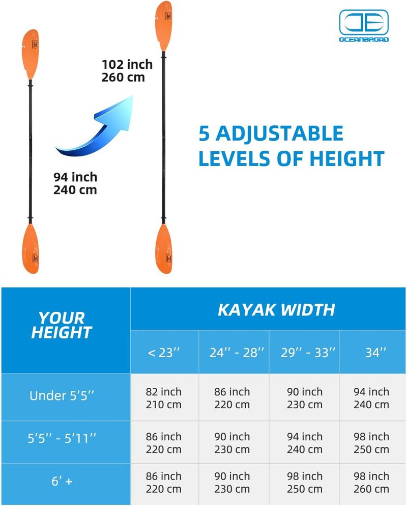 Adjustable Fishing Kayak Paddle - 94in to 102in Aluminum Alloy Shaft with Paddle Leash