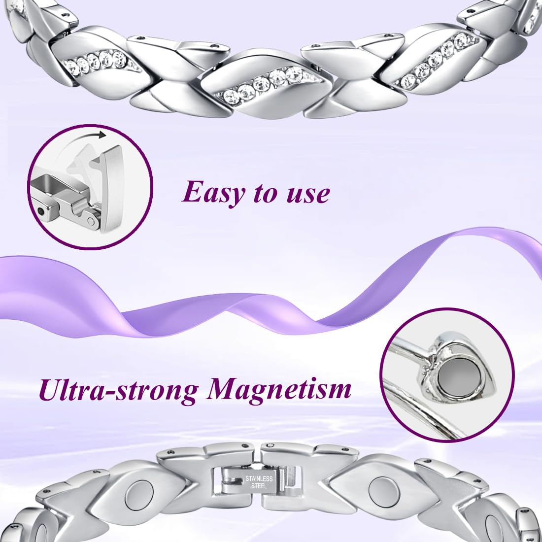 Vicmag Magnetic Bracelets for Women Ladies Titanium Steel Ultra Strength Magnets Bracelet with 3500 Gauss Effective for Women with Gift Box & Removal Tool(Crystal Design for Ladies)(Platinum)
