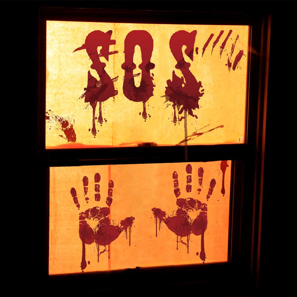 Tuzuaol 119 PCS Bloody Halloween Decorations Halloween Bloody Handprint Footprints Knife Stickers Window Wall Floor Clings Decals Horror Bathroom Zombie Party Decorations Supplies