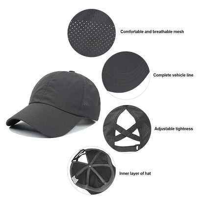 HGGE Womens Criss Cross Ponytail Baseball Cap Adjustable High Messy Bun Trucker Hats Quick Drying Mesh Dad Ponycap for Outdoor Sports Travel Black