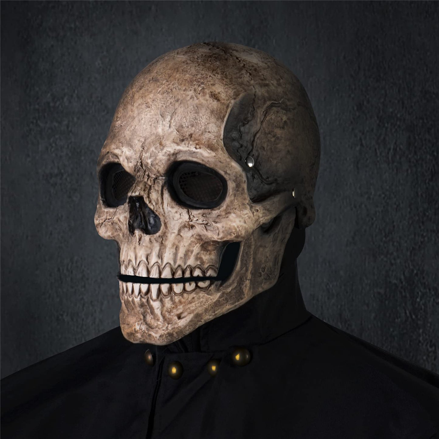 RRANYF Creepy Halloween Full Head Skull Mask with Movable Jaw, Adult Entire Head Realistic Latex Helmet, Scary Skeleton Headgear (Yellow Human Skull Mask)
