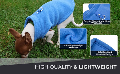JACKO & CO - Fleece Vest Sweater with Leash Ring - Soft Lightweight Breathable for Puppies Small Medium Dogs, Kitten, Cats, Chihuahua - Warm for Fall/Autumn/Winter (Blue, XL (17-25lbs))