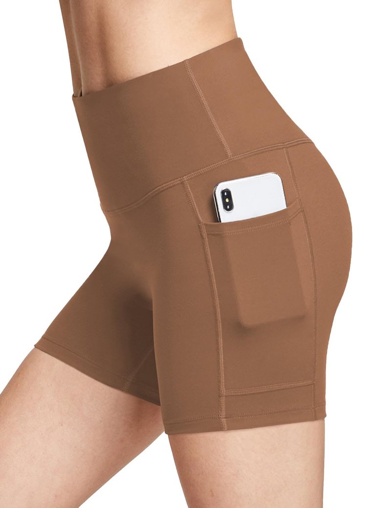 baleaf Biker Shorts Women Yoga Gym Workout Spandex Running Volleyball Tummy Control Compression with Pockets Soft 5" Brown S