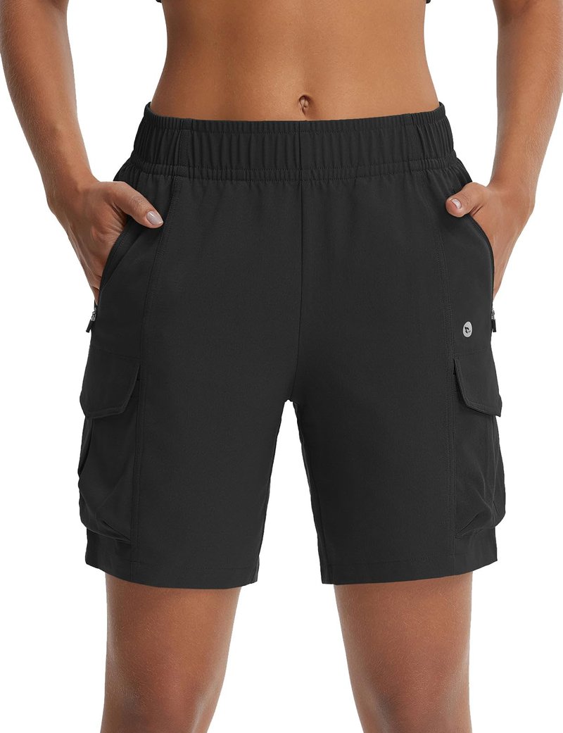 baleaf Women's 7'' Hiking Shorts with Zipper Pockets Quick Dry Lightweight Water Resistant Elastic Waist Cargo Shorts Outdoor Black L