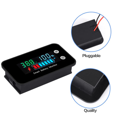 IPX7 Waterproof Battery Monitor with Bracket 7-100V,12v 24v 36v 48v 60v 72v Digital Display Battery Capacity Remaining Capacity Percentage Tester with Buzzer Alarm and Temperature