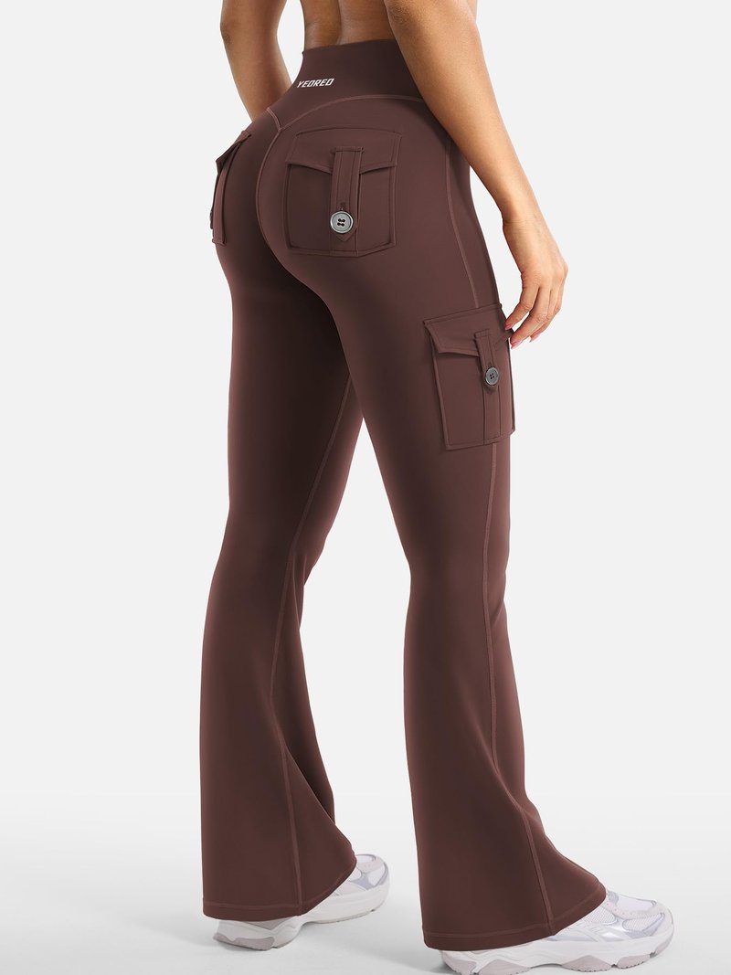 YEOREO CoreFlex Women Workout Flare Leggings with Pockets Hidden Scrunch High Waisted Cargo Gym Yoga No Front Seam Leggings Chocolate XS