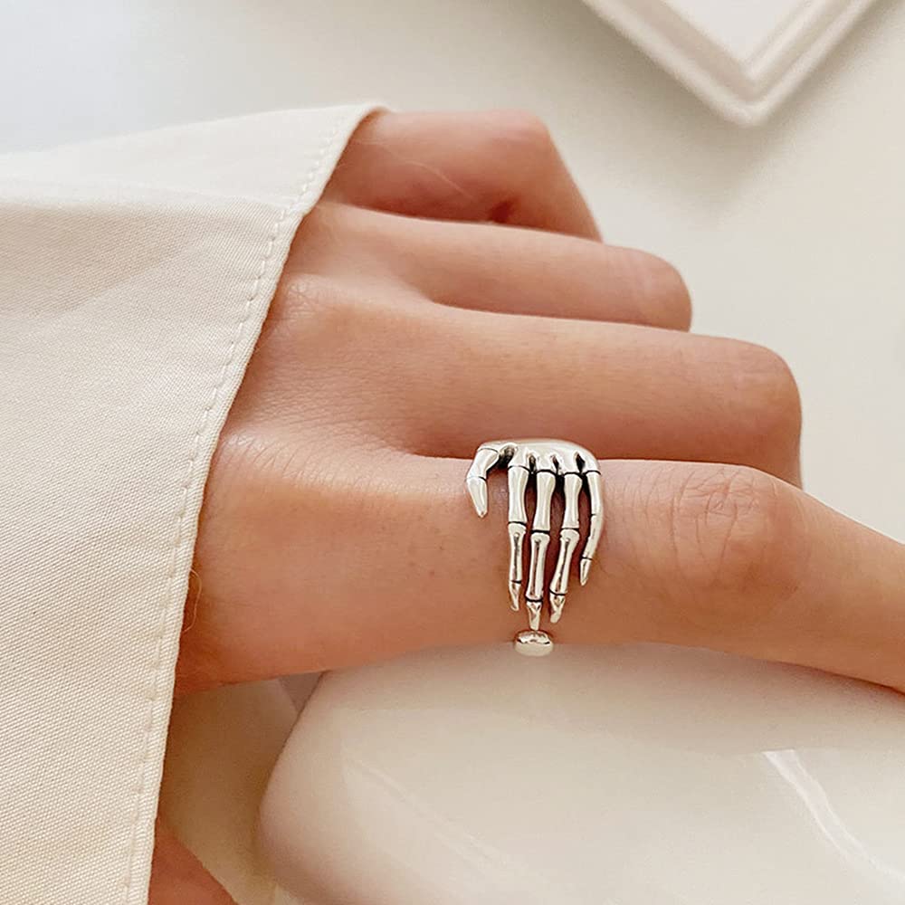 Vintage Skull Hand S925 Sterling Silver Open Band Ring for Women Girls Statement Adjustable Expandable Oxidized Gothic Skeleton Devil's Talons Finger Pinky Rings Comfort Fit Unisex Jewelry