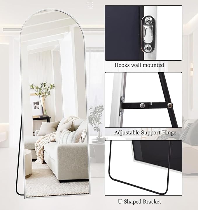 Arched Full Length Mirror, 70"x26" Free Standing Floor Mirror, Modern Full Body Mirrors with Stand, Wall Mirrors with Aluminum Alloy Frame for Bedroom,Living Room, White