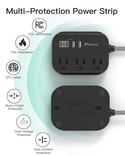 Travel Essentials - Mifaso Power Strip with USB, Compact Flat Plug Extension Cord 5ft with 3 Outlets 4 USB Ports, Non Surge Cruise Must Haves, Cruise Ship Essentials, Dorm Room, Apartment Essentials