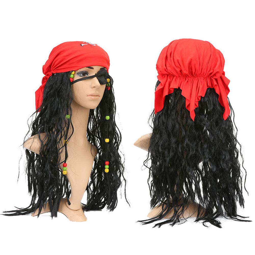 Pirate Wig for Women Men, Pirate Costume Women Men Halloween, Black Hair Wigs with Accessories, Headband Bandana Head Scarf Set, Adult Captain Hat Eye Patch