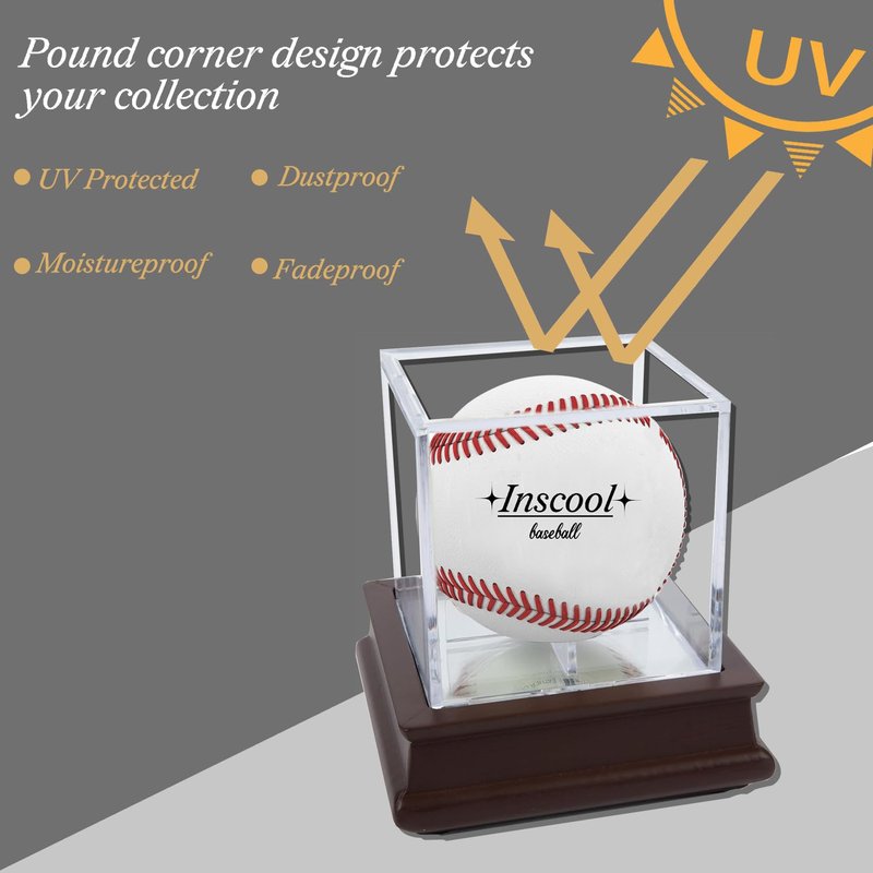 Baseball Display Case, Acrylic Baseball Holder with Wooden Base, UV Protected Acrylic Baseball Display Cube,Baseball Case for Autographed Baseball,Memorabilia Baseball (Wooden Base with Mirror)