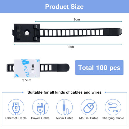 100PCS Adhesive Cable Ties Cable Clips, Self-adhesive Nylon Cable Straps, Adhesive Cable Management Clips for Wire Management (Black-Adhesive Cable Ties)