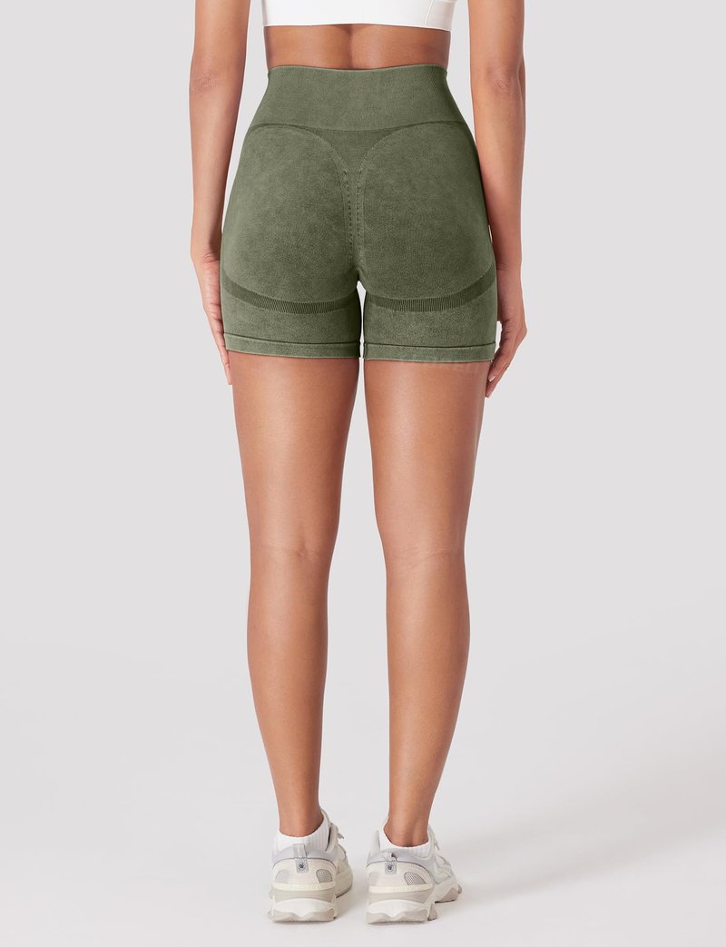 YEOREO Women Workout Biker Shorts Impact 4.5" Faux Denim No Front Seam Mid Waist Hidden Scrunch Lifting Yoga Gym Shorts Green S
