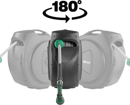 Retractable Garden Hose Reel, 100Ft x 5/8" Durable Wall Mounted Water Hose Reel with 180° Swivel Bracket, 9 Pattern Sprayer, 6Ft leader hose,Smooth Automatic Rewind, Any Length Lock.