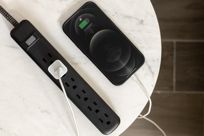 GE 6-Outlet Power Strip with USB, 1 USB-A, 1 USB-C, Outlet Extender, 6 Ft Braided Extension Cord, Flat Plug, Charging Station, Black, 82595