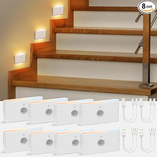 wowatt Rechargeable Motion Sensor Stair Light, Whtie Automatic Lights with Magnetic Mount, Dimmable Step Lights Indoor for Stairway, Hallway, Kitchen, Bathroom(8 Packs)