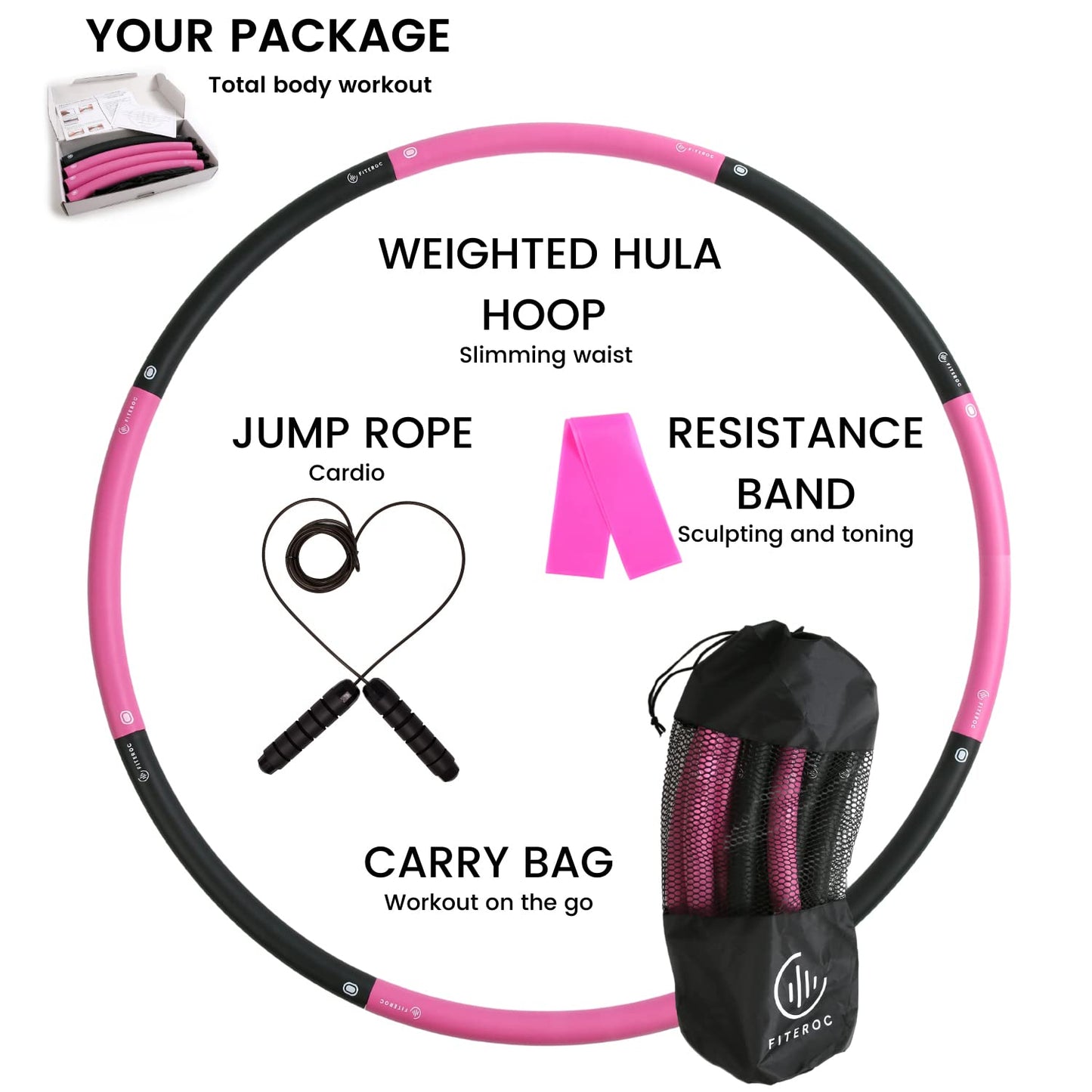 Weighted Hula Hoop for Adults - 2.8lb Detachable Exercise Hoop - Fun & Portable Fitness Circle with Jump Rope, Resistance Band & Carry Bag (Black/Pink)