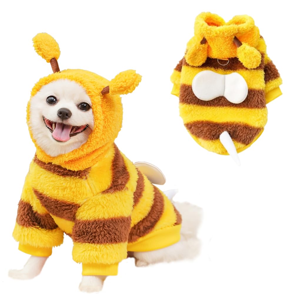 ANIAC Fleece Dog Hoodies with D-Ring Autumn Winter Puppy Clothes for Small Dogs Bumblebee Cat Apparel Cold Weather Coat Funny Doggy Bee Costume for Christmas Halloween (Yellow, Medium)