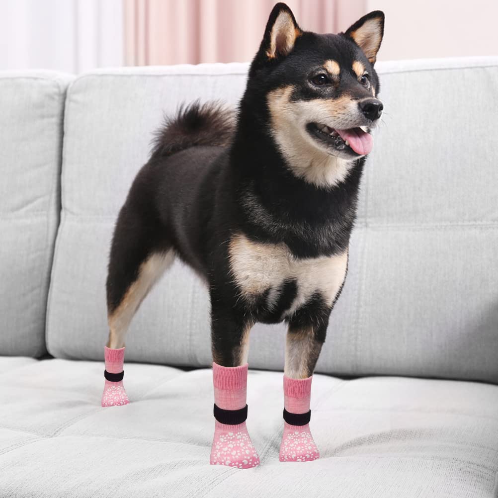 EXPAWLORER Dog Socks with Grips - Double Sides Anti-slip Dog Gripper Socks for Hardwood Floors, Stop Licking Injured Paws, Adjustable Socks with Extra Traction for Small Medium Large Dogs (Pink, M)