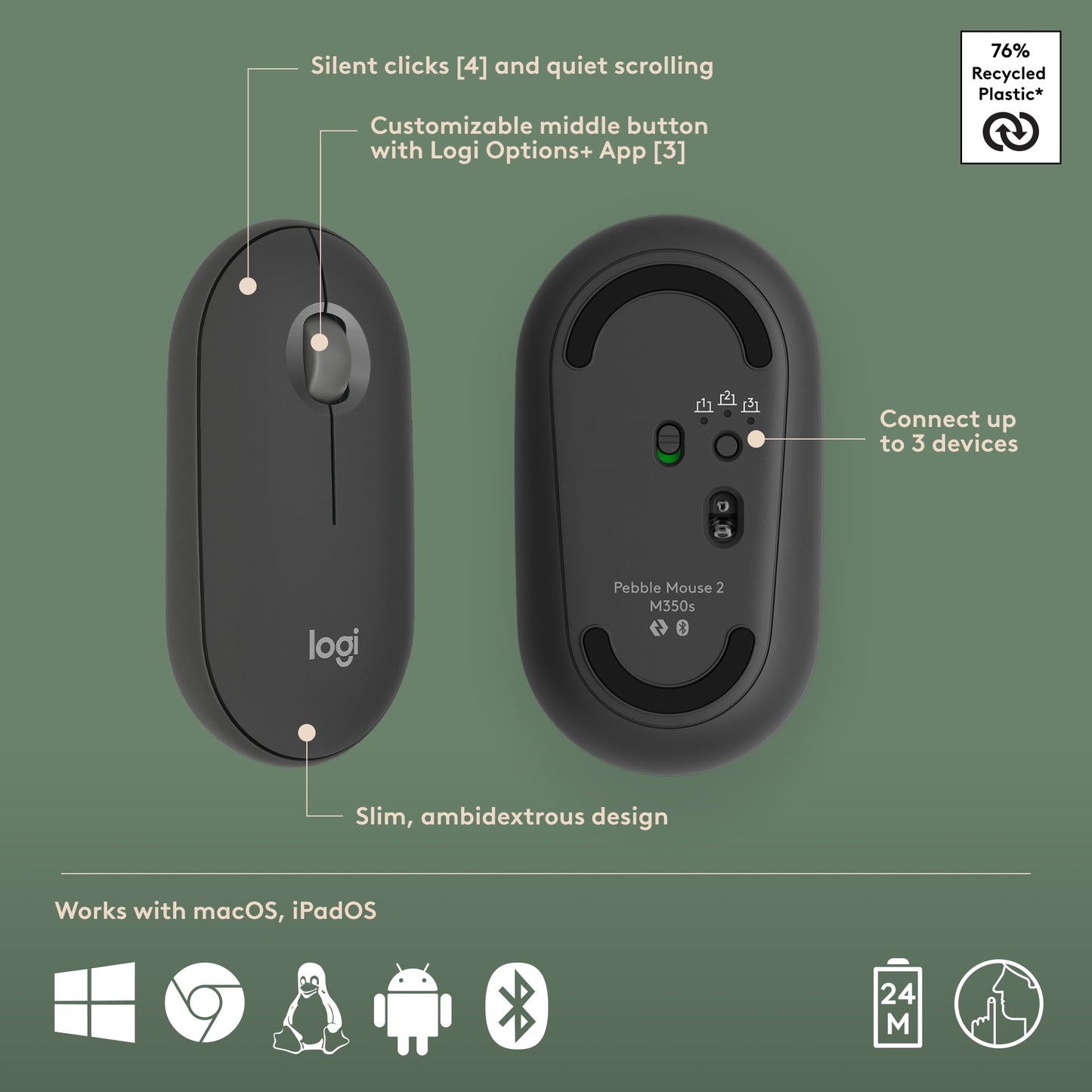 Logitech Pebble Keys 2 K380s, Multi-Device Bluetooth Wireless Keyboard with Customizable Shortcuts, Slim and Portable, Easy-Switch for Windows, macOS, iPadOS, Android, Chrome OS - Tonal Graphite