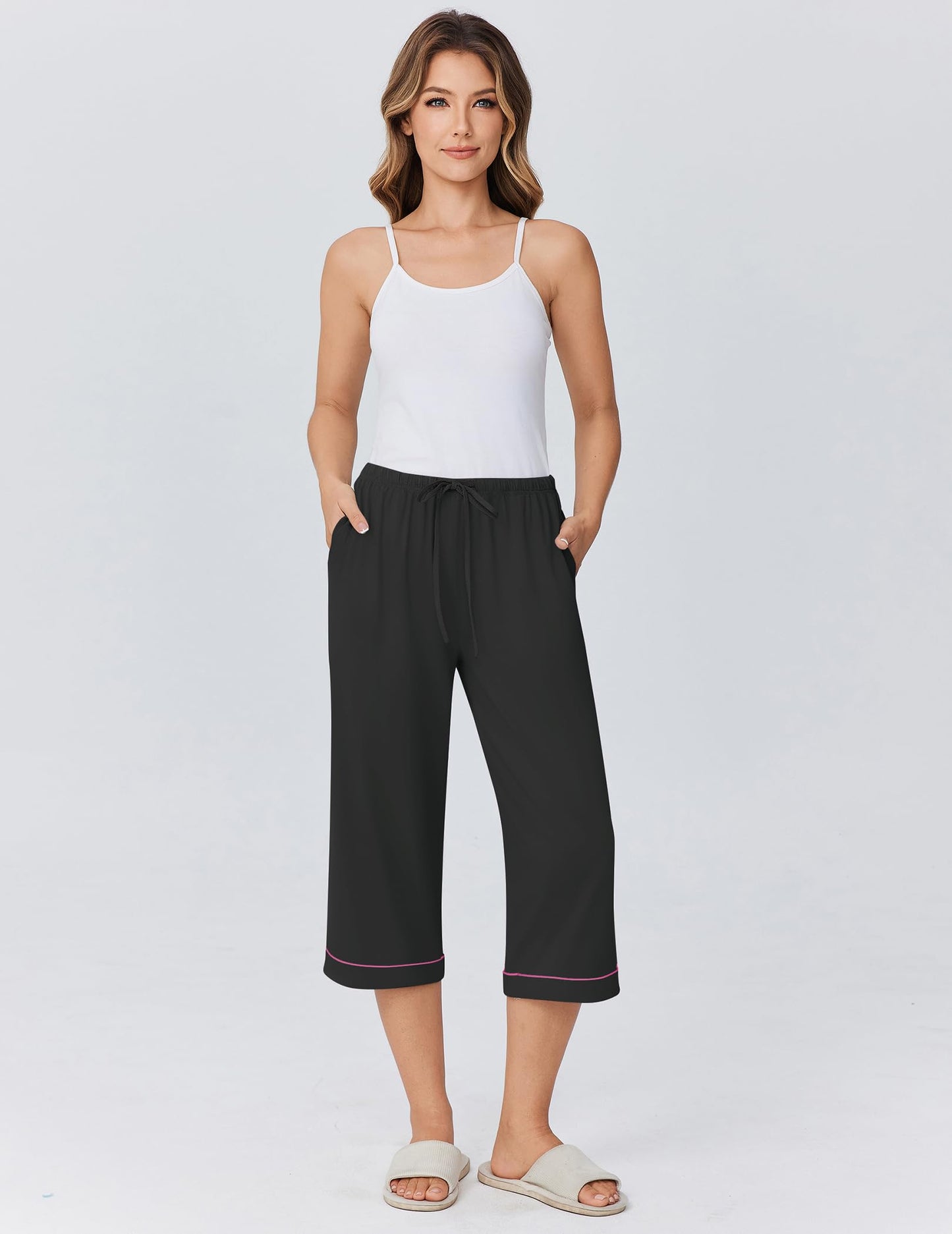 Ekouaer Womens Pajamas Pants Capri Pj Bottoms with Pockets Comfy Drawstring Printed Lounge Soft Sleep Pants