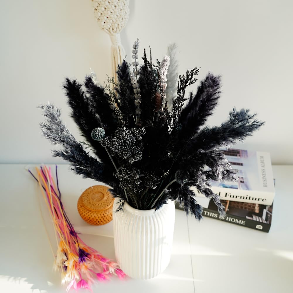 Natural Dried Pampas Grass Bouquet,17" Natural Dried Flower Bouquet, Black Pampas and Thistle Flower Mixed Bouquet Bohemian Style Home Dried Flower Decoration