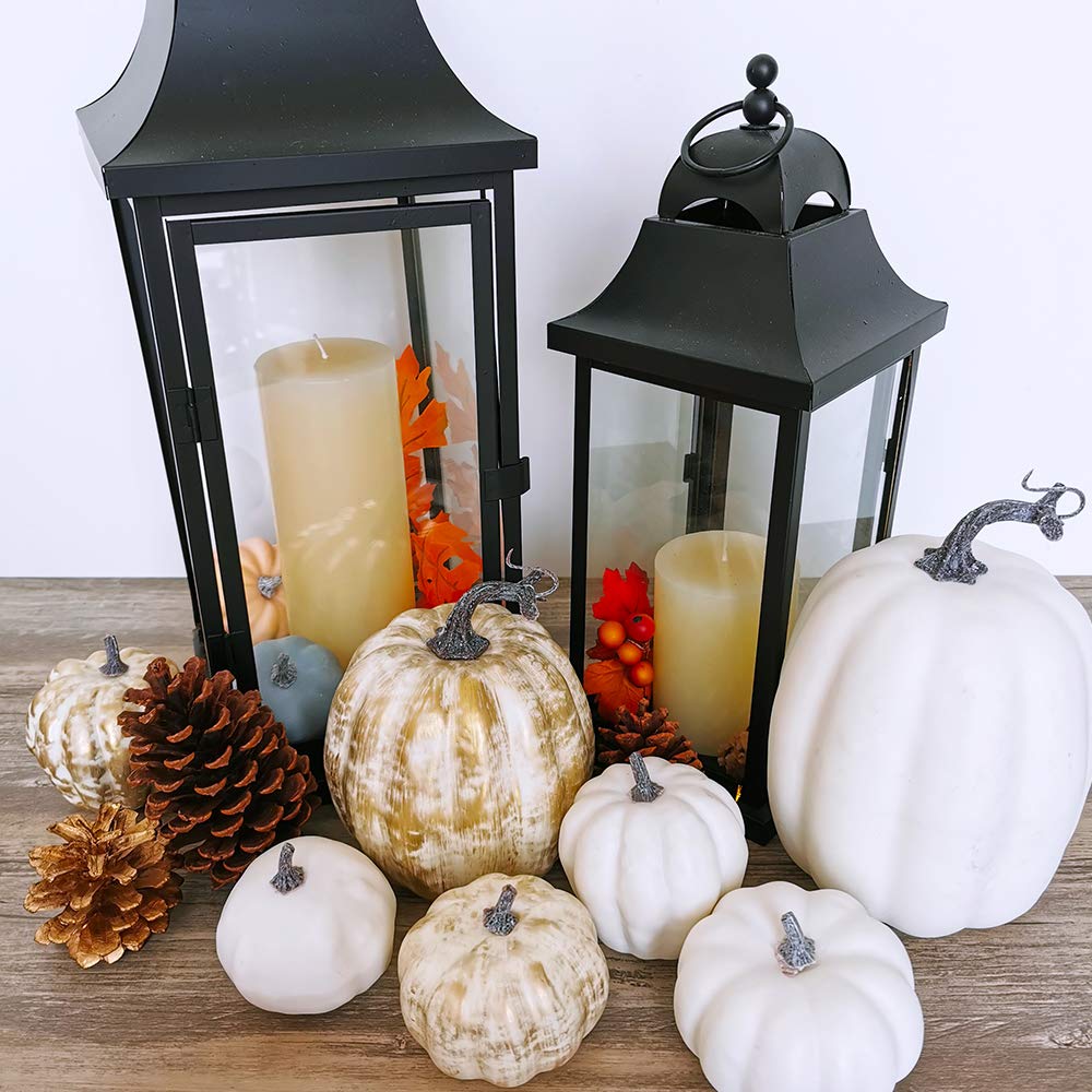 14 Pcs Assorted Fall Artificial Pumpkins Harvest Frosted Pumpkins Gold Brushed White Foam Pumpkins and White Faux Pumpkins for Fall Autumn Season Halloween Thanksgiving Harvest Holiday Season Festive