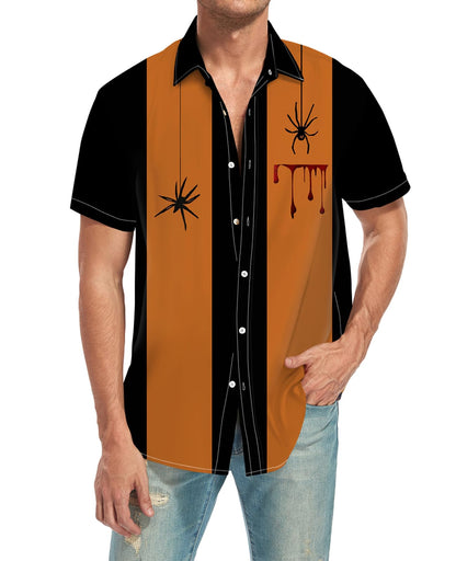 Men's Halloween Spider Print Short Sleeve Casual Vintage Button Down Shirt